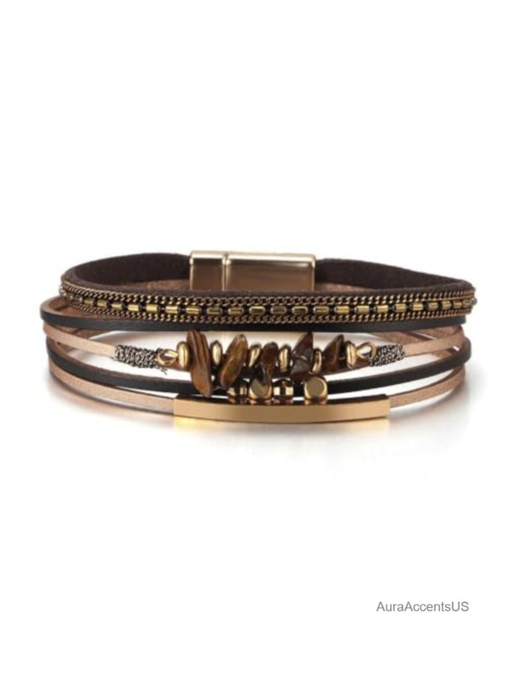 Boho Western Wrap Bracelet Multilayer Stone Beads PU Leather Lobster Clasp